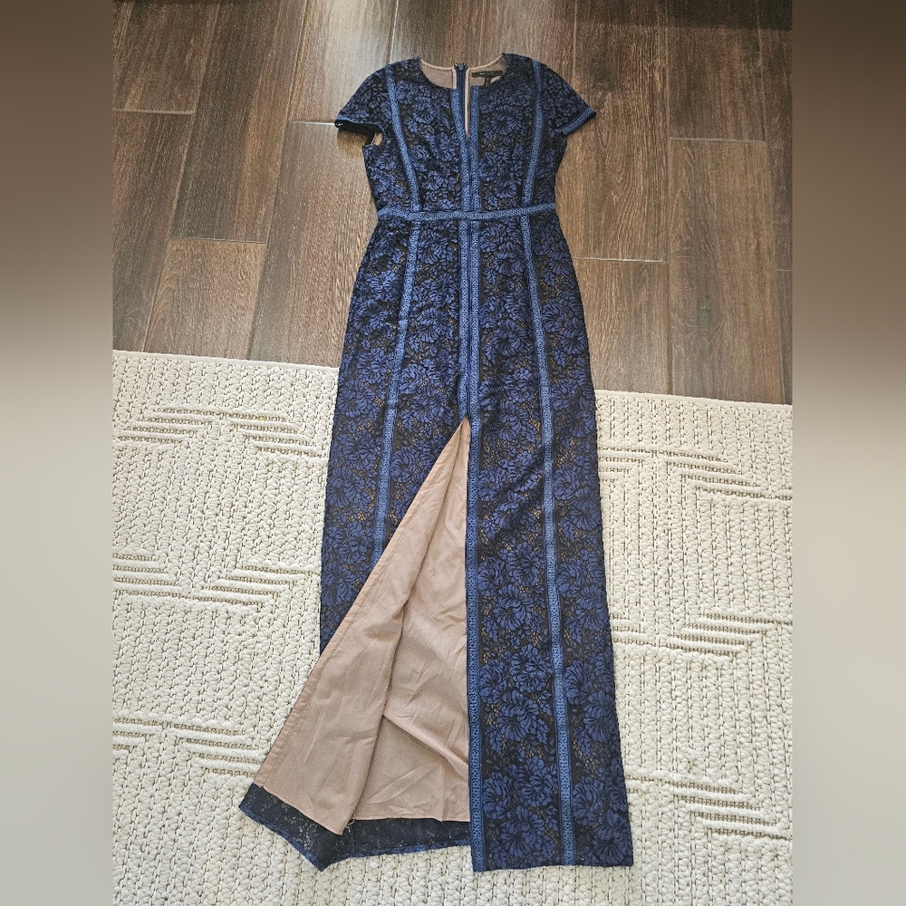 BCBGMaxAzria Navy and Tan Floral Lace Gown